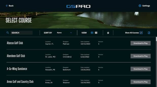 GSPro Golf Course Menu