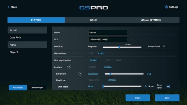 GSPro Player Settings