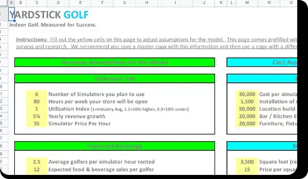 Excel based golf simulator startup model